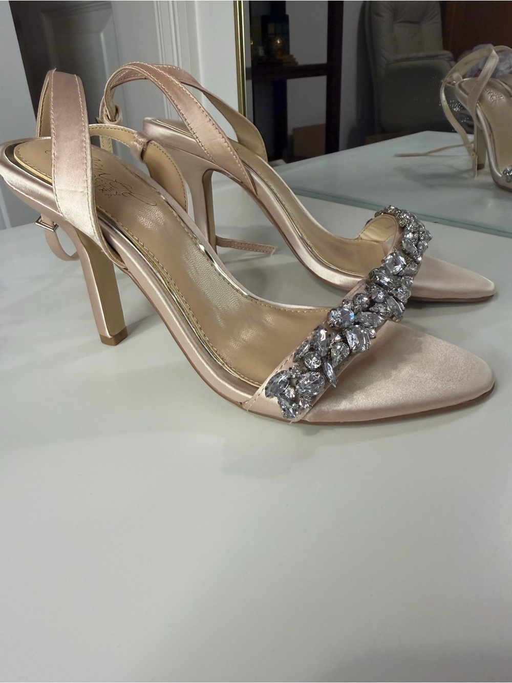 Jewel Badgley Mischka champagne Satin Crystal-Embellished Slingback Heels
